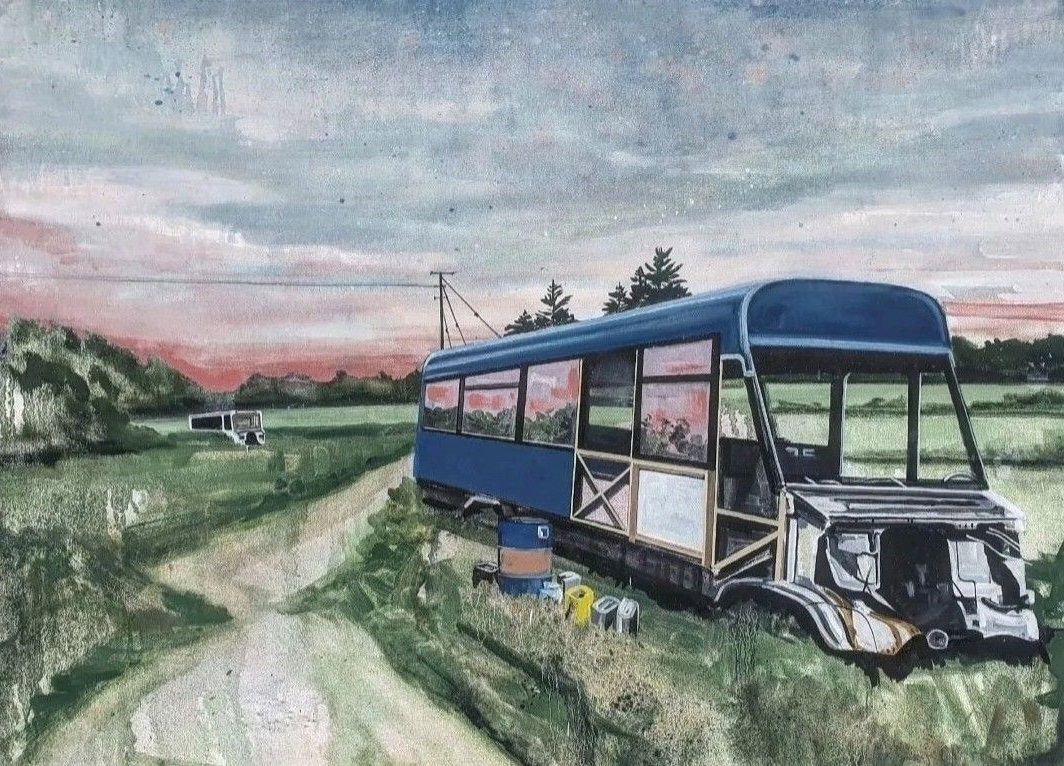 David Fox, Abandoned Bus, a painting part of the Olivier Cornet Gallery's group show Pink is my colour.