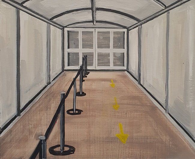Follow the arrows, a painting by David Fox, part of the Olivier Cornet Gallery Bloomsday 2022 group show Outrageous, Obscene and Offensive