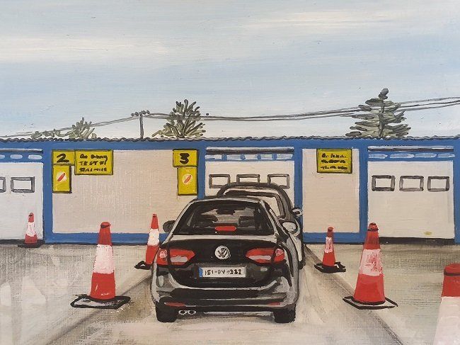 The test centre, a painting by David Fox, part of the Olivier Cornet Gallery Bloomsday 2022 group show Outrageous, Obscene and Offensive