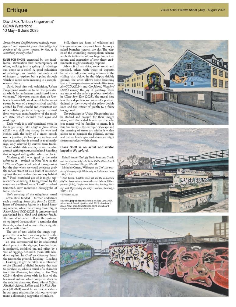 Clare Scott's review of David Fox's show at GOMA Waterford, Critique Supplement of the July - August 2025 VAI Newssheet