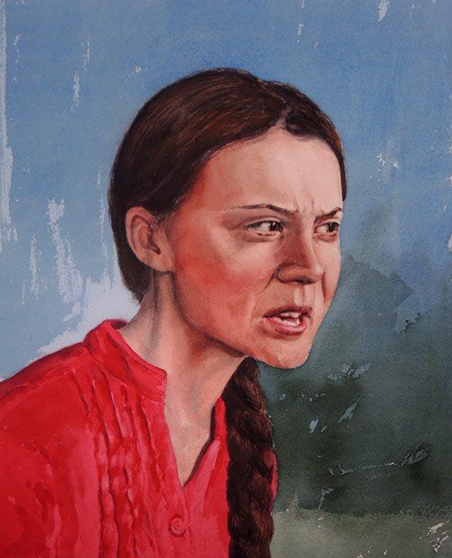 Eoin Mac Lochlainn, 'Righter of Wrongs no. 3', Greta Thunberg, watercolour painting on Arches paper, 65x49cm, 2020, Olivier Cornet Art Gallery