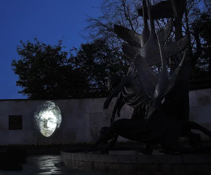 Shot of Eoin Mac Lochlainn's Cogadh na gCarad video projection at the Garden of Remembrance, Dublin, March 2023