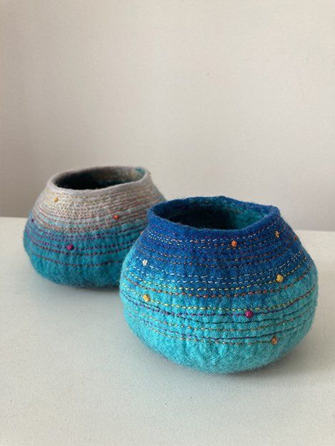 Fiona Leech, Blue, grey & blue felt pods with stitched detail, Merino wool fibre, cotton embroidery, Olivier Cornet Gallery, Dublin