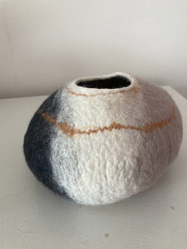 Fiona Leech, Pink/black felt pod with orange line, Merino wool fibre, silk fibre, Olivier Cornet Gallery, Dublin