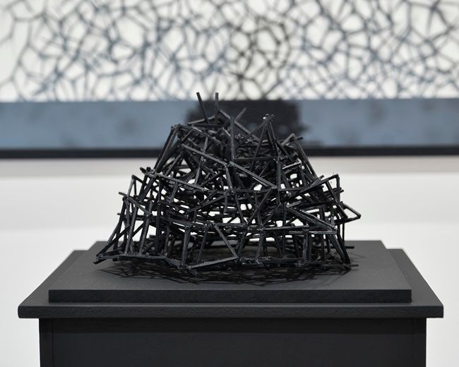 Gail Ritchie, closed up view of 'Monument in the Head (mapped)', part of 'What do we want?' a group art exhibition at Olivier Cornet Gallery in response to the increasingly dangerous geo-political situation in the world today. Photo by Simon Mills