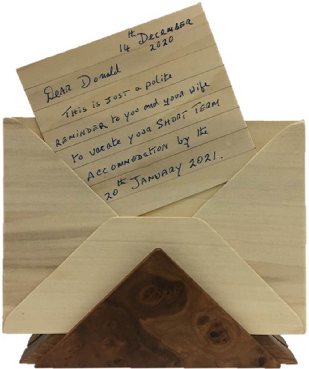 Hugh Cummins, Child's letter to the president, woodwork, Olivier Cornet Art Gallery