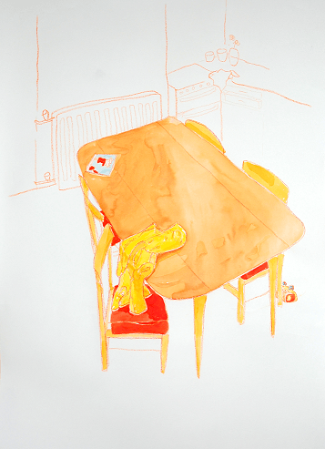 Jaki Coffey, Rain coat, a crayon and ink drawing on paper, 2021, Olivier Cornet Gallery