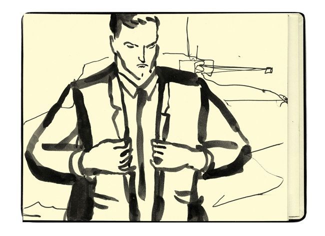 Jill Gibbon's ' DSEI 2023 tank rep', drawn in-situ  by the artist at an arms fair, part of 'What do we want?' a group art exhibition at Olivier Cornet Gallery in response to the increasingly dangerous geo-political situation in the world today.