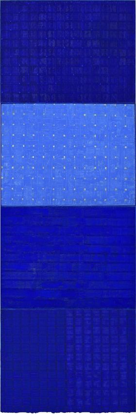 Earth Song 40 – Sky River, a four-panel painting by Joe Dunne RHA, part of the artist's solo show Earth Songs and Colour Poems at the Olivier Cornet Gallery, Dublin