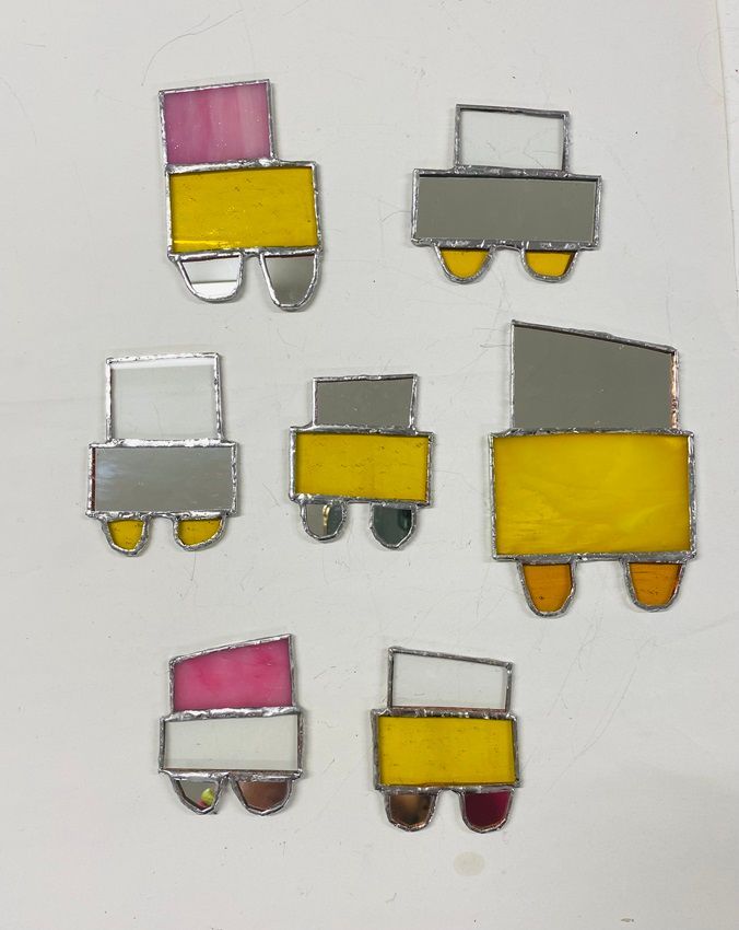 Kelly Ratchford, The Gary Numans,  a series of small works in stained glass, part of Contrasts, a winter group show at Olivier Cornet Gallery Dublin.