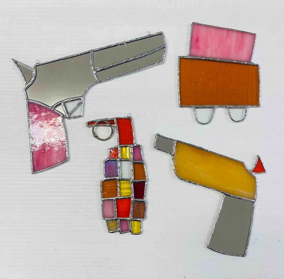 Ensemble, a series of  stain glass pieces by Kelly Ratchford in response to  Willie Doherty's two works 'Incident' and 'Border Incident', part of Olivier Cornet Gallery's  group show 'Ode to Giants', launching during Dublin Gallery Weekend 2025.