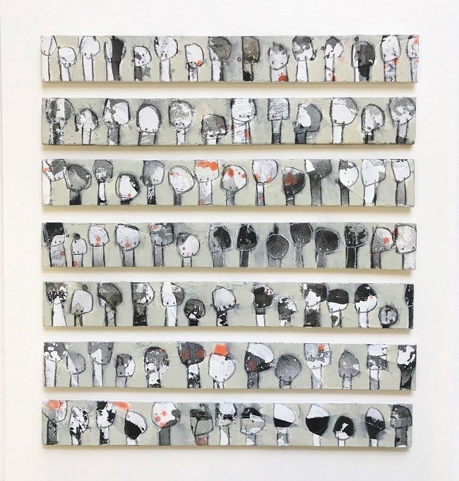 Kelly Ratchford, Protected (with orange), painting on wood panels, Olivier Cornet Gallery Dublin