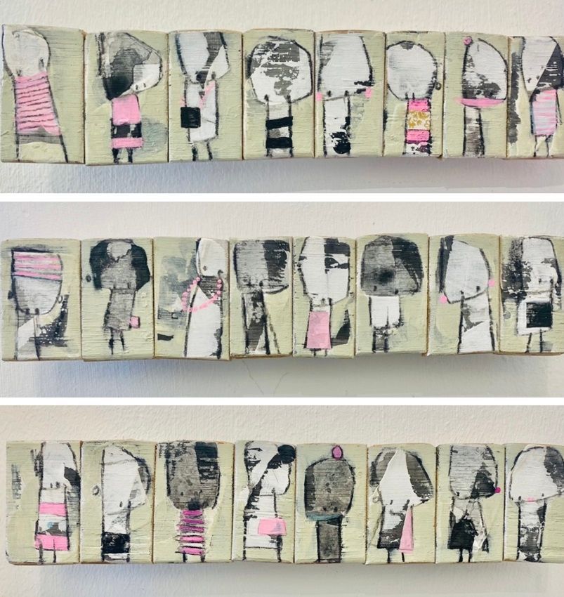 Kelly Ratchford, Spring/Summer 2024 I, II and III, three paintings on wood panels part of the Olivier Cornet Gallery's group show Pink is my colour