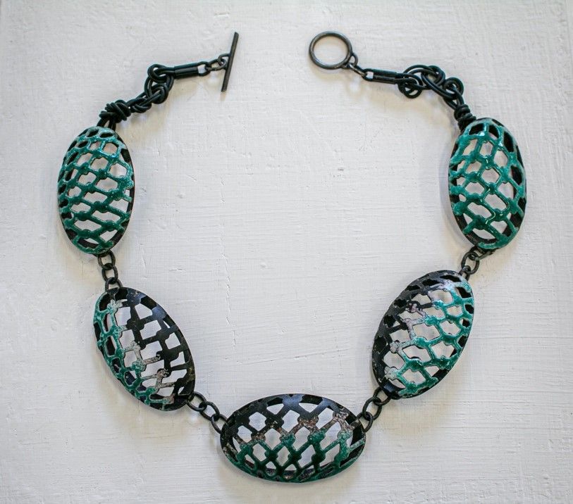 Mark Newman, Necklace 1, copper, vitreous enamel and sterling silver, Olivier Cornet Gallery Dublin