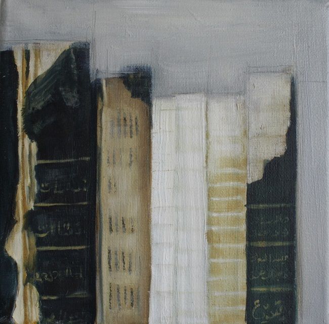 Miriam McConnon, Broken Spines - Ali's Story, oil painting on canvas, 20x20cm,  The Refugee's Armour art exhibition, Olivier Cornet Gallery Dublin