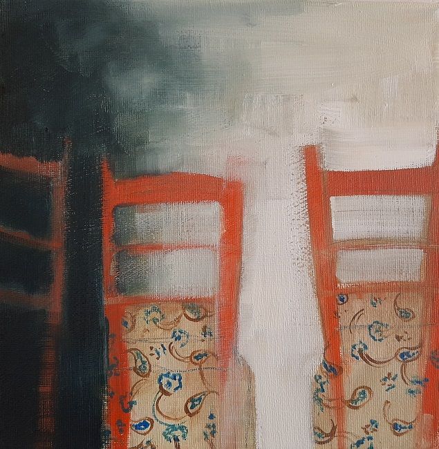 Miriam McConnon, Chairs from Famagusta - Peter's Story, oil painting on canvas, 20x20cm,  The Refugee's Armour art exhibition, Olivier Cornet Gallery Dublin