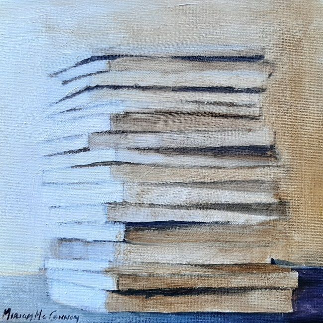 Miriam McConnon, Faded books - Ali's Story, oil painting on canvas, 20x20cm,  The Refugee's Armour art exhibition, Olivier Cornet Gallery Dublin