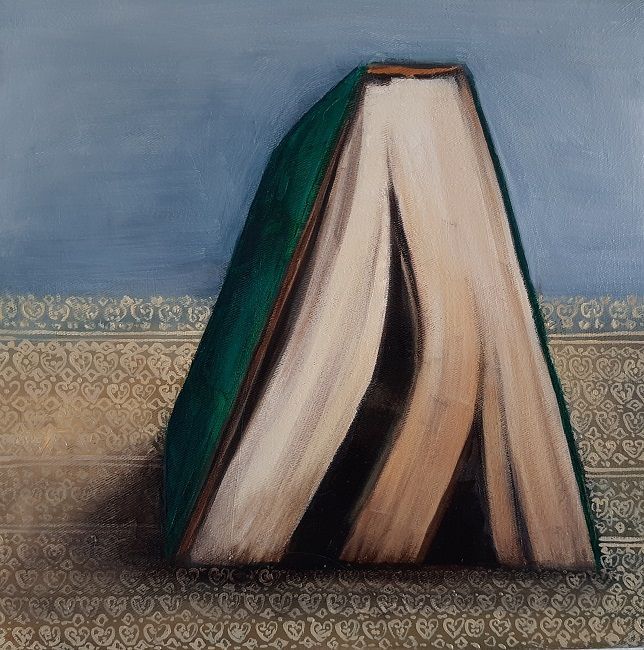 Miriam McConnon, Koran Shelter - Ali's Story, oil painting on canvas, 32x32cm,  The Refugee's Armour art exhibition, Olivier Cornet Gallery Dublin
