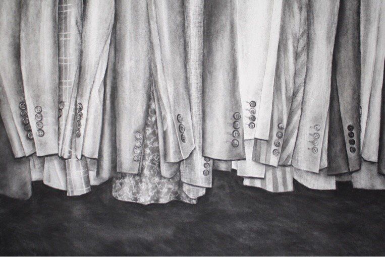 Miriam McConnon, March of the suits II, charcoal on paper, Olivier Cornet Art Gallery