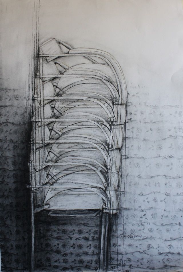 Non Conforming Chairs -  after Eileen Gray, a charcoal drawing by Miriam McConnon, in response to Elieen Gray's Non conformist Chair, part of Olivier Cornet Gallery's  group show 'Ode to Giants', launching during Dublin Gallery Weekend 2025.