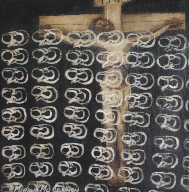 Socrates' demise, a painting on glass/verre églomisé by Yanny Petters, part of the Olivier Cornet Gallery Bloomsday 2022 group show Outrageous, Obscene and Offensive