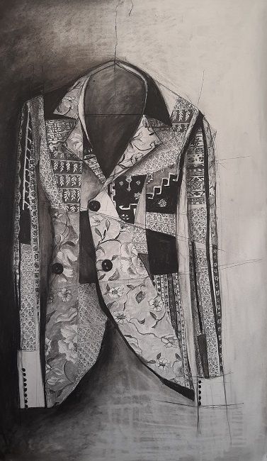 Miriam McConnon, The Refugee's Armour, charcoal drawing on paper, 120x80cm, The Refugee's Armour art exhibition, Olivier Cornet Gallery Dublin