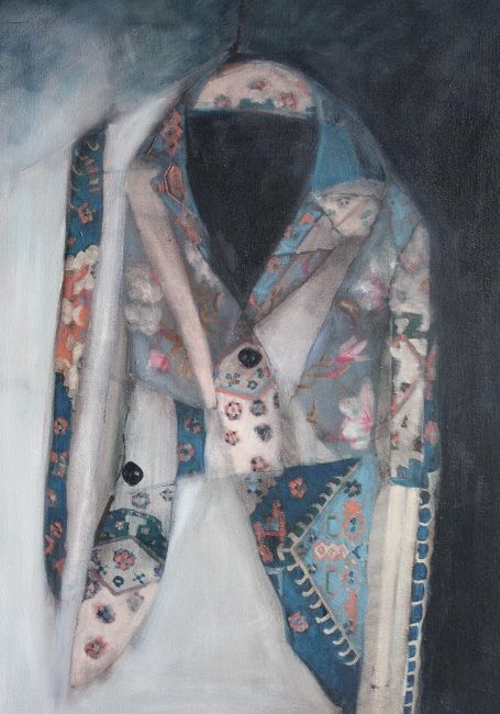 Miriam McConnon, The Refugee's Armour - Khaled's Story, oil painting on canvas, 70x50cm,  The Refugee's Armour art exhibition, Olivier Cornet Gallery Dublin