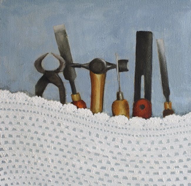 Miriam McConnon, Toys for Tools - Khaled's Story, oil painting on canvas, 30x30cm, The Refugee's Armour art exhibition, Olivier Cornet Gallery Dublin