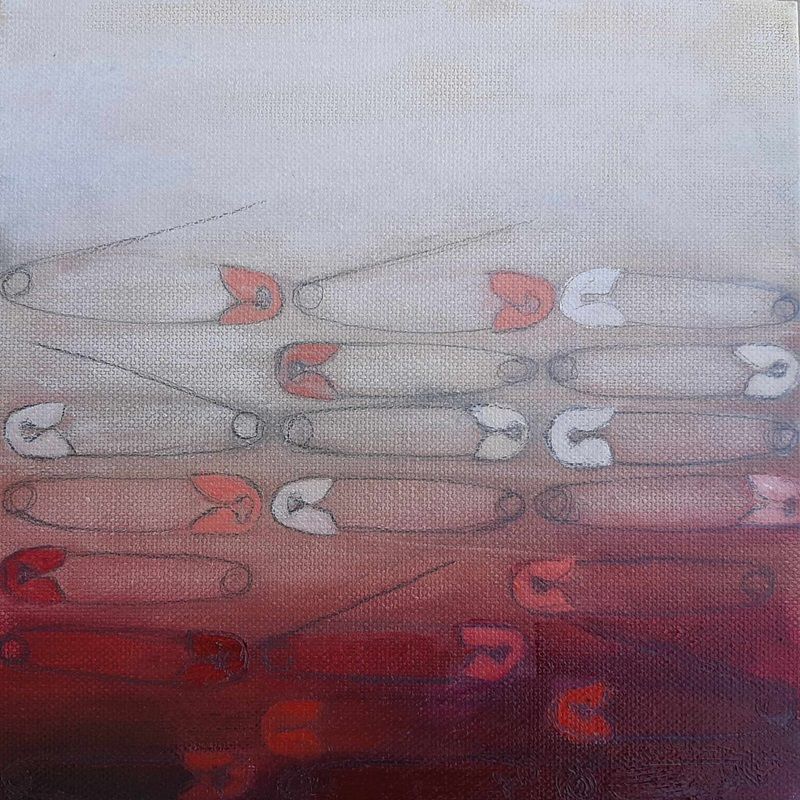 Miriam McConnon, Wall of safety pins, a painting, part of the Olivier Cornet Gallery's group show Pink is my colour.