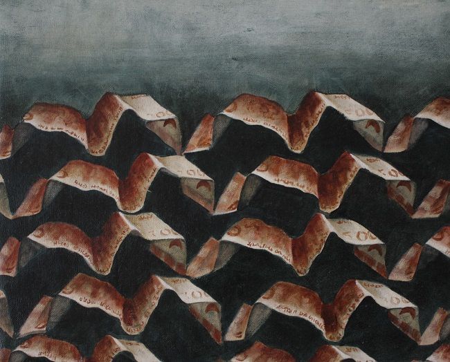 Miriam McConnon, Wave of Syrian notes - Khaled's Story, 30x35cm, The Refugee's Armour art exhibition, Olivier Cornet Gallery Dublin