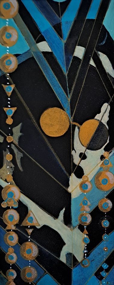 'Bells, balls, balloons and long decorations', a painting by Nickie Hayden, part of the Olivier Cornet Gallery's 2025 Bloomsday / Summer group exhibition Out of Lines