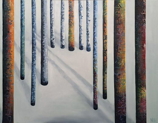 Nickie Hayden, Healing Totems, oil on board, 72x99cm, part of our winter group show Contrasts, 18 December 2024 - 15 March 2025, Olivier Cornet Art Gallery, Dublin