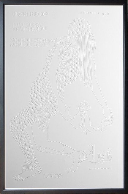 Now you don't, embossed print on paper by Nickie Hayden, part of the Olivier Cornet Gallery Bloomsday 2022 group show Outrageous, Obscene and Offensive