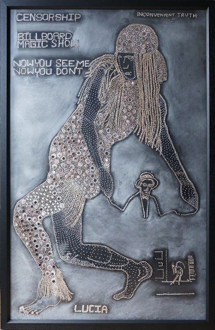 Now you see me, acrylic crytal gemstones on board by Nickie Hayden, part of the Olivier Cornet Gallery Bloomsday 2022 group show Outrageous, Obscene and Offensive