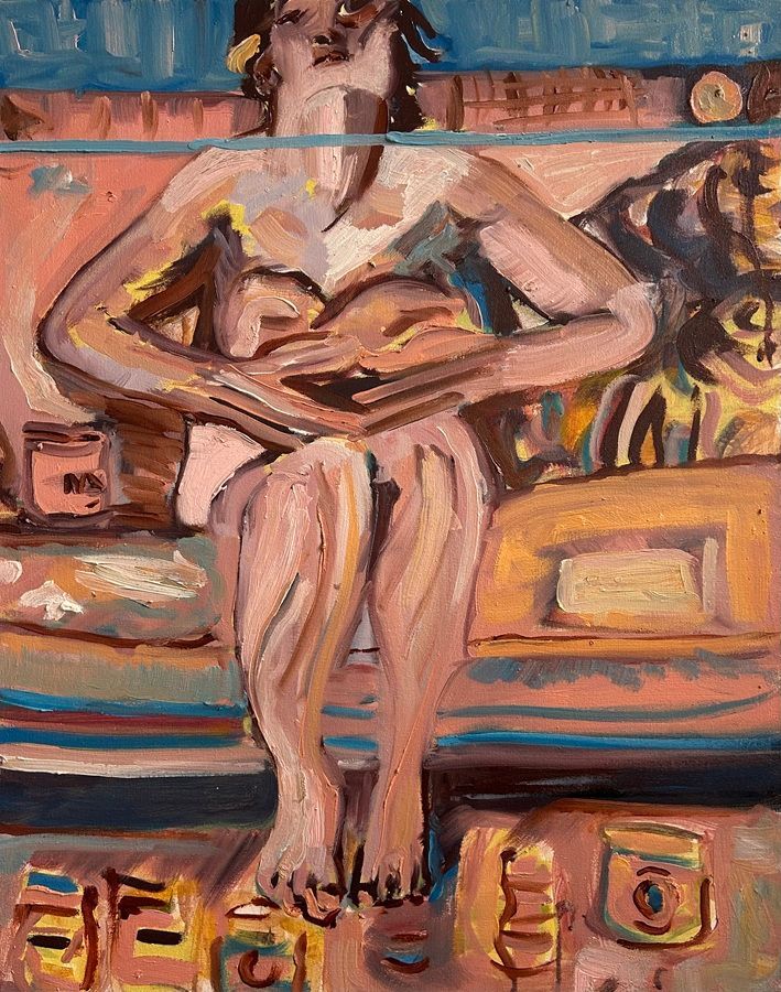 Buttery Figure Sitting on the Couch, a painting by Vicky Smith,  part of the Olivier Cornet Gallery's 2025 Bloomsday / Summer group exhibition Out of Lines