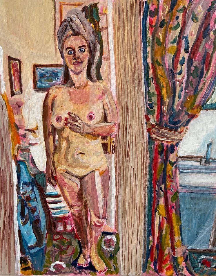 A Night Away in a Bedroom Suite, a painting by Vicky Smith,  part of the Olivier Cornet Gallery's 2025 Bloomsday / Summer group exhibition Out of Lines