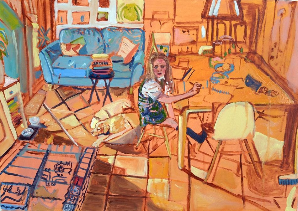 Obair bhaile, Homework, a painting by Vicky Smith, in response to Gillian Wearing's video work Sasha and Mum, part of Olivier Cornet Gallery's  group show 'Ode to Giants', launching during Dublin Gallery Weekend 2025.