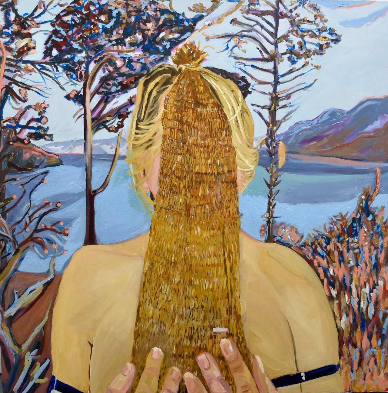 Vicky Smith, Portrait with a beer mesh in front of Kylemore Lough, oil and acrylic paint on canvas, 132x132cm, 2023. Part of the artist’s solo show Gairdín Rós | Rose Garden running at the Olivier Cornet Gallery from 8 March to 12 April 2026.