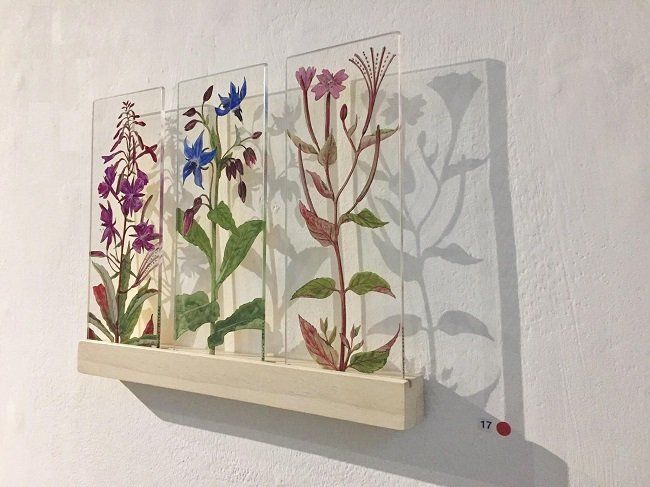 Yanny Petters, 'By the vegetable patch', Rosebay Willowherb, Borage, Broadleaved Willowherb, verre églomisé, 21cmx8.5cmx4mm (each), collection  of the Shirley Sherwood Gallery of Botanical Art, Kew, London (UK)
