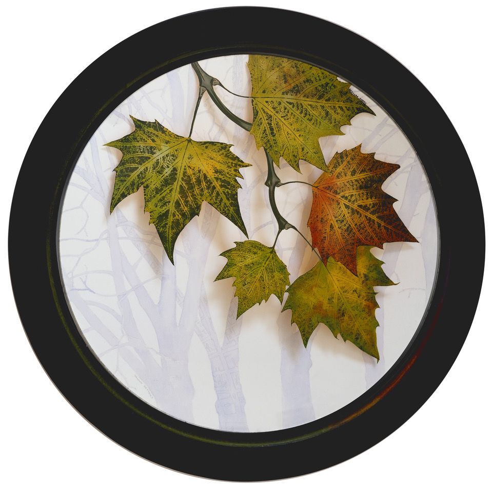 Yanny Petters, Cathal Brugha Planes 2023, verre églomisé/reverse painting on convex glass with watercolour drawing background, 51x51cm, Olivier Cornet Gallery