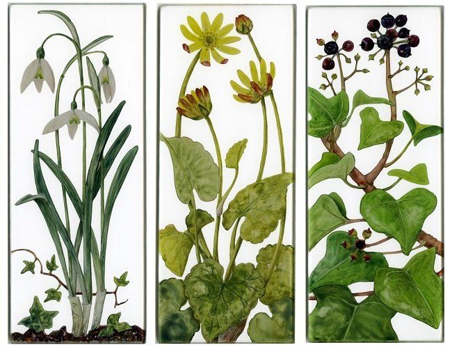 Yanny Petters, Early Spring around the garden, Snow Drop, Lesser Celandine, Ivy, verre églomisé paintings, Olivier Cornet Gallery