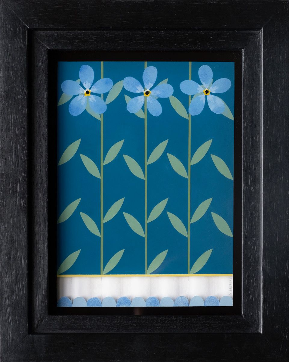 'Forget-me-not, The language of Flowers', a painting on glass by Yanny Petters, part of the Olivier Cornet Gallery's 2025 Bloomsday / Summer group exhibition Out of Lines