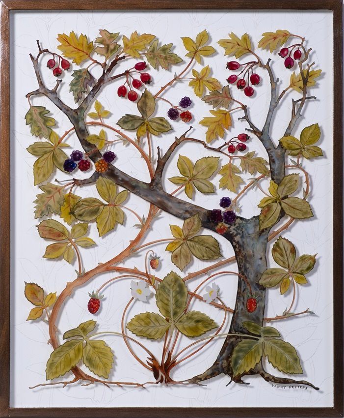 Yanny Petters, 'Hedgerow', Bramble, Hawthorn, Wild strawberry, Honeysuckle, Verre Eglomisé, 39x32cm, part of the artist's October - November 2024 solo show at Olivier Cornet Gallery. Now in the OPW State Art Collection.