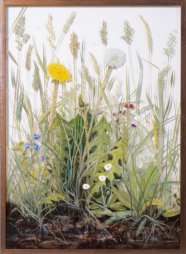 Yanny Petters, Meadow, a beautiful Verre Eglomisé (reverse painting on glass), part of the artist's solo show Fieldwork with Mainie and Albrecht