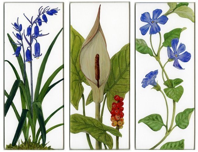 Yanny Petters, Woodland in spring, Bluebells, Lords & Ladies, Periwinkle, verre églomisé paintings, Olivier Cornet Gallery