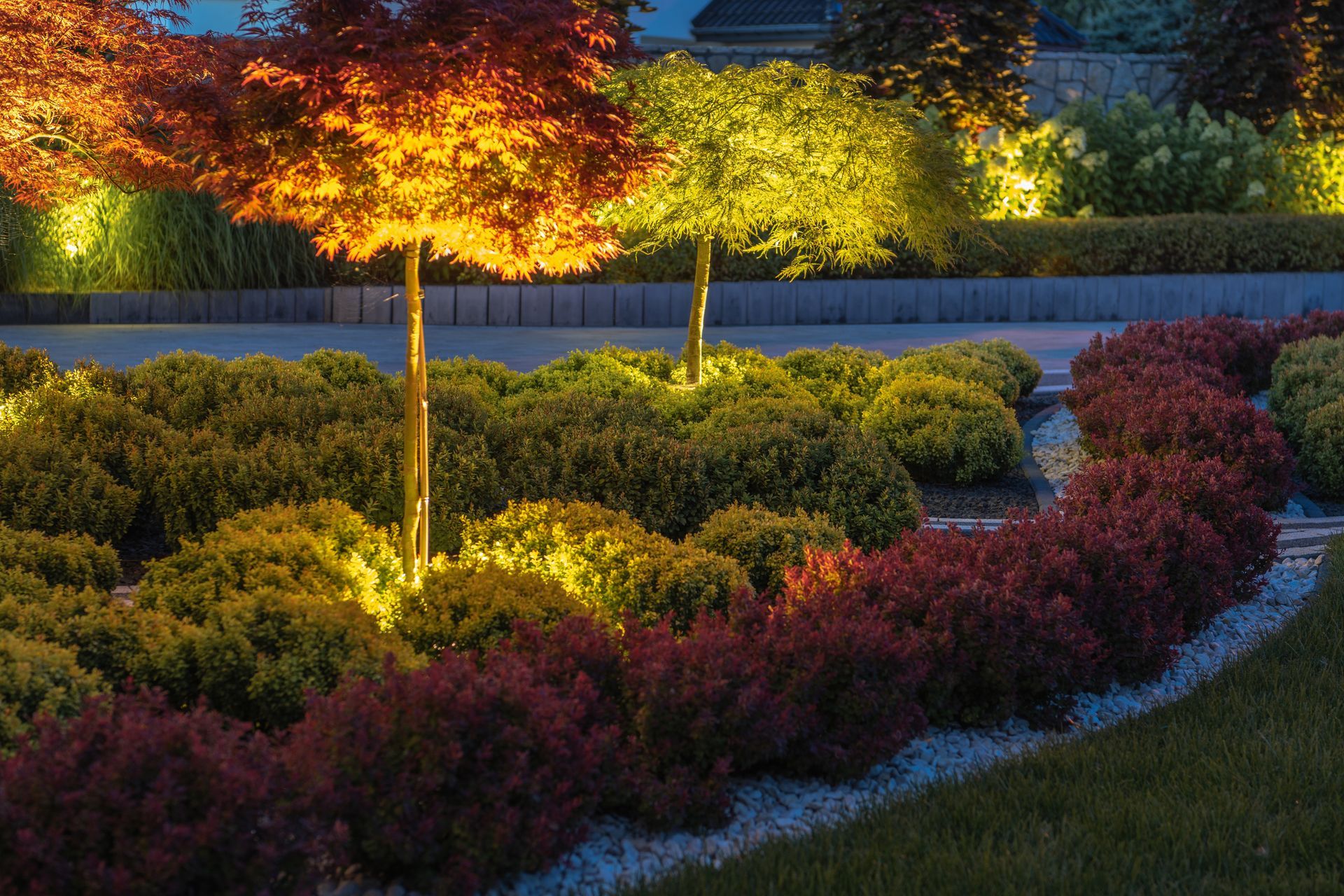 Colorful landscaped garden at dusk with red, green, and yellow shrubs under lit trees