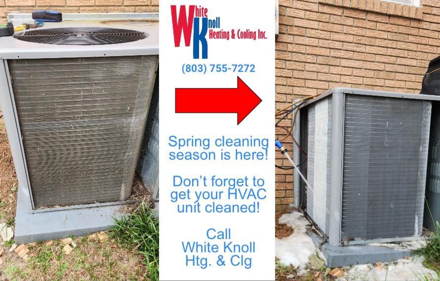 Before and after of a cleaned HVAC unit; service ad with contact info.