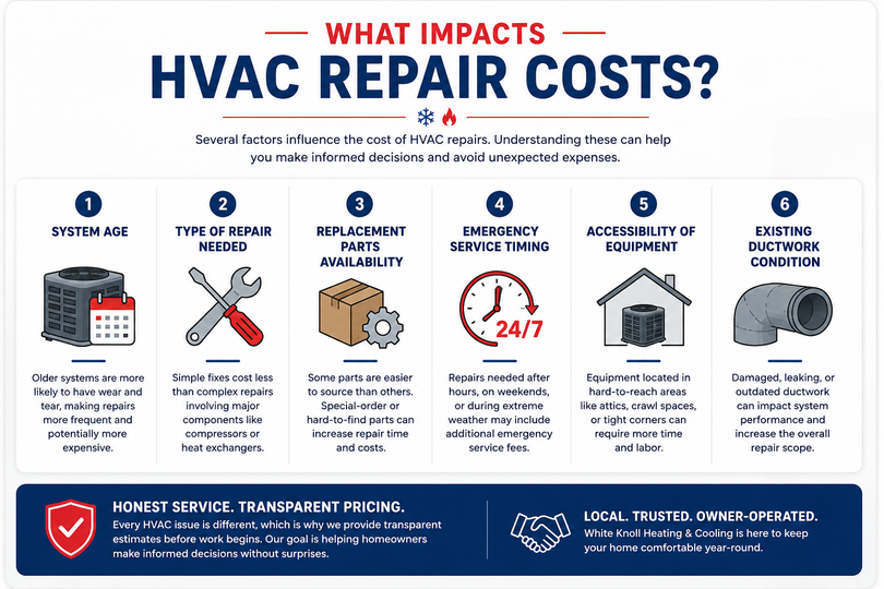 Infographic titled “What impacts HVAC repair costs?” with six cost factors and blue-red icons.