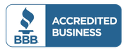 BBB Accredited Business logo, white flame icon, blue and white text.