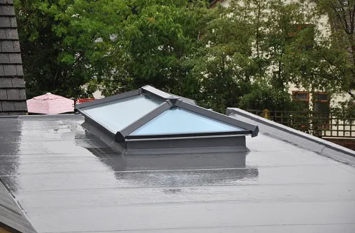 A skylight on the roof of a house with trees in the background.
